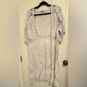 Rebellion white lace crochet cover-up with blue label detail